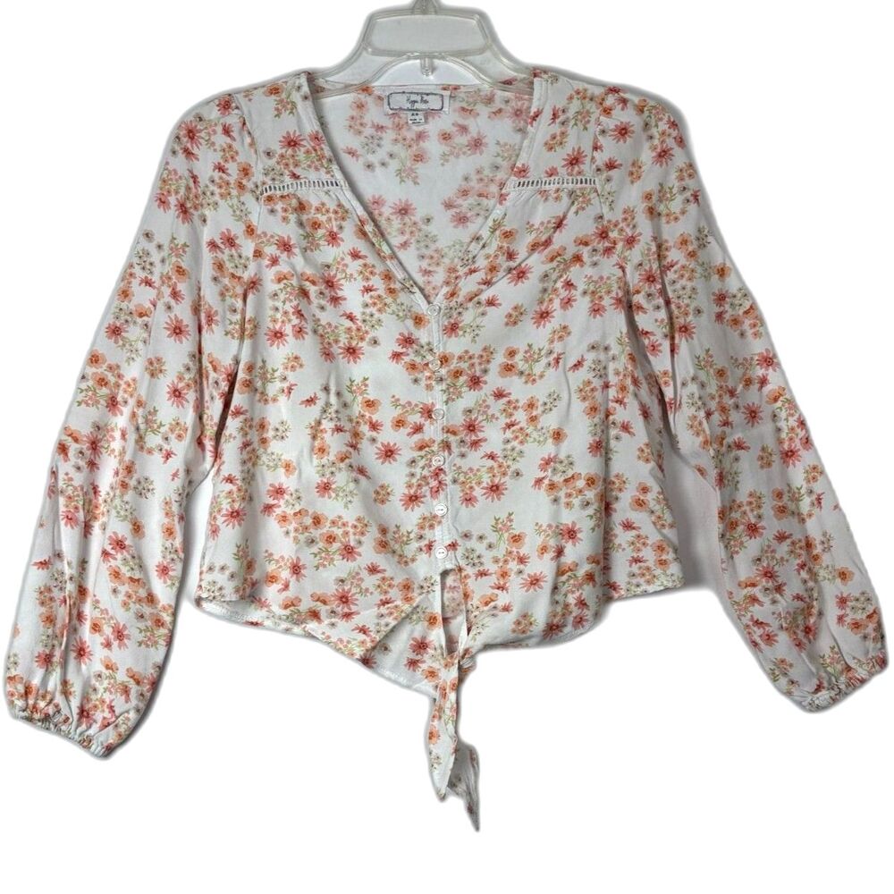 Hippie Rose Floral Button Front Blouse Tie Hem Long Sleeve Crochet Lace Boho XS